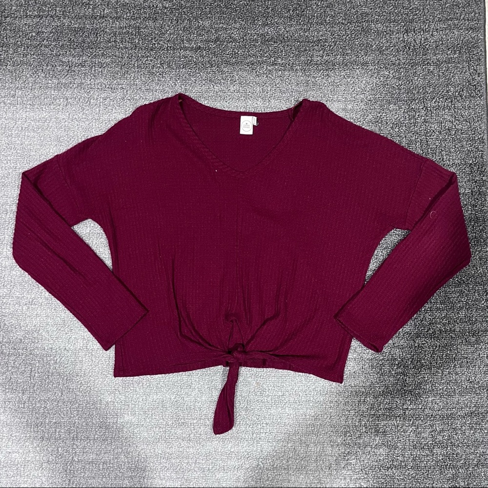 Maroon Waffle Knit Sweater with Tie in front